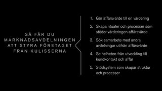 S Å F Å R D U
M A R K N A D S A V D E L N I N G E N
A T T S T Y R A F Ö R E T A G E T
F R Å N K U L I S S E R N A
1. Gör affärsvärde till en värdering
2. Skapa ritualer och processer som
stöder värderingen affärsvärde
3. Sök samarbete med andra
avdelningar utifrån affärsvärde
4. Se helheten från utveckling till
kundkontakt och affär
5. Stödsystem som skapar struktur
och processer
 