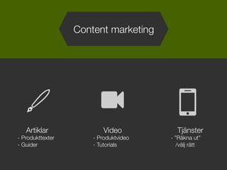 Video
- Produktvideo
- Tutorials
Content marketing
Artiklar
- Produkttexter
- Guider
Tjänster
- ”Räkna ut”!
/välj rätt
 