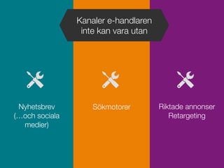 Sökmotorer







Nyhetsbrev!
(…och sociala
medier)






Riktade annonser
Retargeting
Kanaler e-handlaren
inte kan vara utan
 