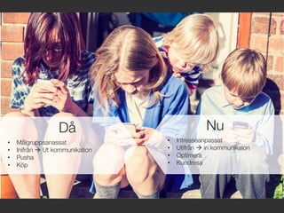 Då
•  Målgruppsanassat
•  Inifrån à Ut kommunikation
•  Pusha
•  Köp
•  Intresseanpassat
•  Utifrån à in kommunikaion
•  Optimera
•  Kundresa
Nu
 