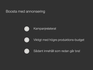 Kampanjrelaterat


Viktigt med högre produktions-budget


Sådant innehåll som redan går bra!
Boosta med annonsering
 