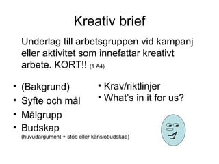 Kreativ brief Underlag till arbetsgruppen vid kampanj eller aktivitet som innefattar kreativt arbete. KORT!!  (1 A4) (Bakgrund) Syfte och mål Målgrupp Budskap  (huvudargument + stöd eller känslobudskap) Krav/riktlinjer What’s in it for us? 