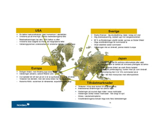 Japan
Europa
Sverige
Tillväxtmarknader
USA
16
+ Än bättre makroindikatorer, bäst momentum i västvärlden
+ Vinsterna på all-time-high, största nedrevideringarna förbi
- Relativavkastningen har vänt, USA halkar nu efter
- Vinsterna visar svaghet ex.finans då marginalerna faller
- Värderingspremien underskattas om vinsterna nått sin cykliska topp
+ Äntligen tillväxt, men förvänta inga stora förbättringar
+ Värderingen attraktiv, särskilt relativt USA
+ 3:e kvartalet blir ett test på om 2 år av sjunkande vinster är till ända
- Tillväxten har återvänt, men den stora bilden har inte förändrats
- Riskerna förblir, eurokrisen är närvarande, exportberoendet högt
+ Starka finanser - låg skuldsättning, både i bolag och stat
+ Hög direktavkastning, dubbelt upp mot obligationsräntan
+ 85 % av försäljningen utanför landet, gynnas av Global tillväxt
- Höga vinstförväntningar för kommande år
- Ökad volatilitet sedan sommaren
- Värderingen inte en drivkraft, premie relativt Europa
+ Förstärkt mandat för politiska reformarbete efter valet
+ Centralbanken är beredd att stimulera ytterligare vid behov
+ Underliggande tillväxt var stark första halvåret
- Ytterligare yenförsvagning i korten med QE som drivkraft
- Momshöjning från 5 till 10% kommande två år
- Risk i fall Abe misslyckas med reformpolitiken
+ Tillväxten i Kina visar tecken till att stabiliseras
+ Investerarnas förväntningar har sänkts rejält
+ Värderingen på mycket låga nivåer i vissa marknader
- Värderingen skiftar mellan marknader - från billigt till dyrt
- Stress i valutamarknaderna
- Vinstförväntningarna fortsatt höga trots flera nedrevideringar
 
