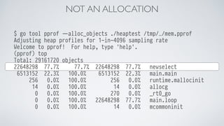 $ go tool pprof --alloc_objects ./heaptest /tmp/…/mem.pprof
Adjusting heap profiles for 1-in-4096 sampling rate
Welcome to...