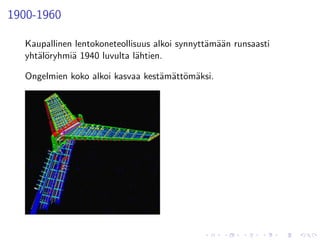 1900-1960

  Kaupallinen lentokoneteollisuus alkoi synnytt¨m¨¨n runsaasti
                                               a aa
  yht¨l¨ryhmi¨ 1940 luvulta l¨htien.
     ao      a                a

  Ongelmien koko alkoi kasvaa kest¨m¨tt¨m¨ksi.
                                  a a o a
 