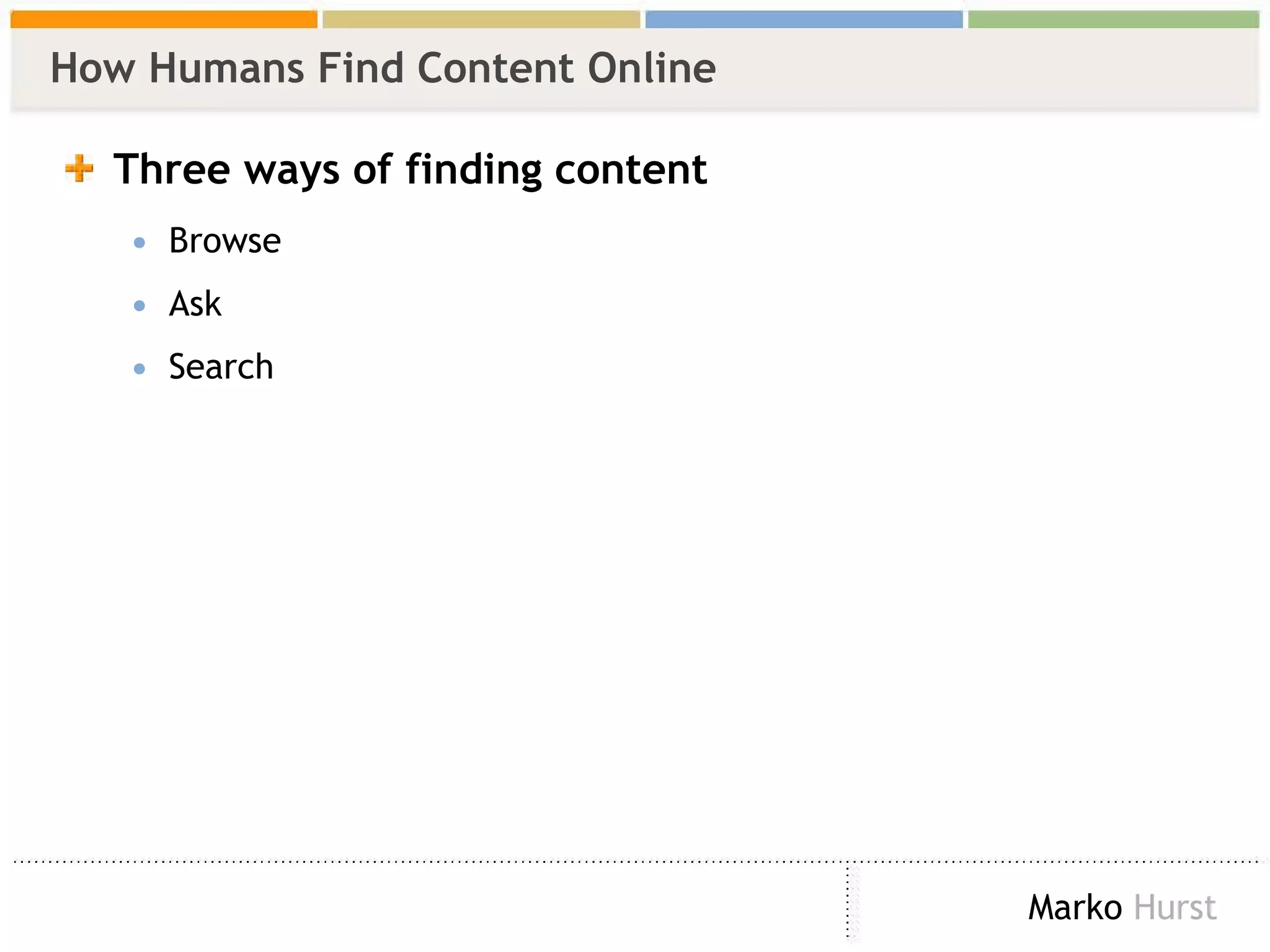 How Humans Find Content Online  Three ways of finding content Browse Ask  Search 