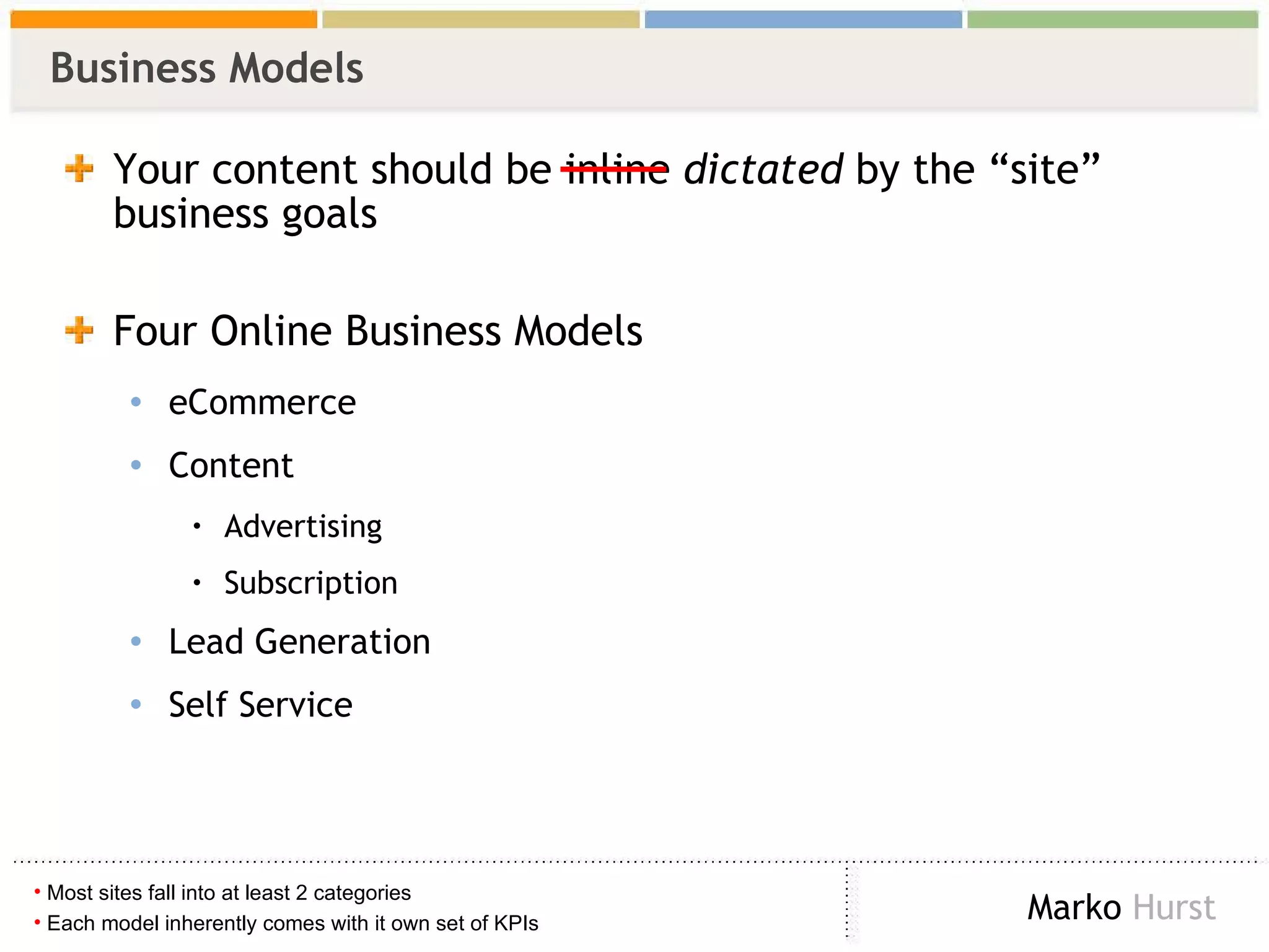 Business Models Your content should be inline  dictated  by the “site” business goals Four Online Business Models eCommerce Content Advertising  Subscription Lead Generation Self Service Most sites fall into at least 2 categories Each model inherently comes with it own set of KPIs 