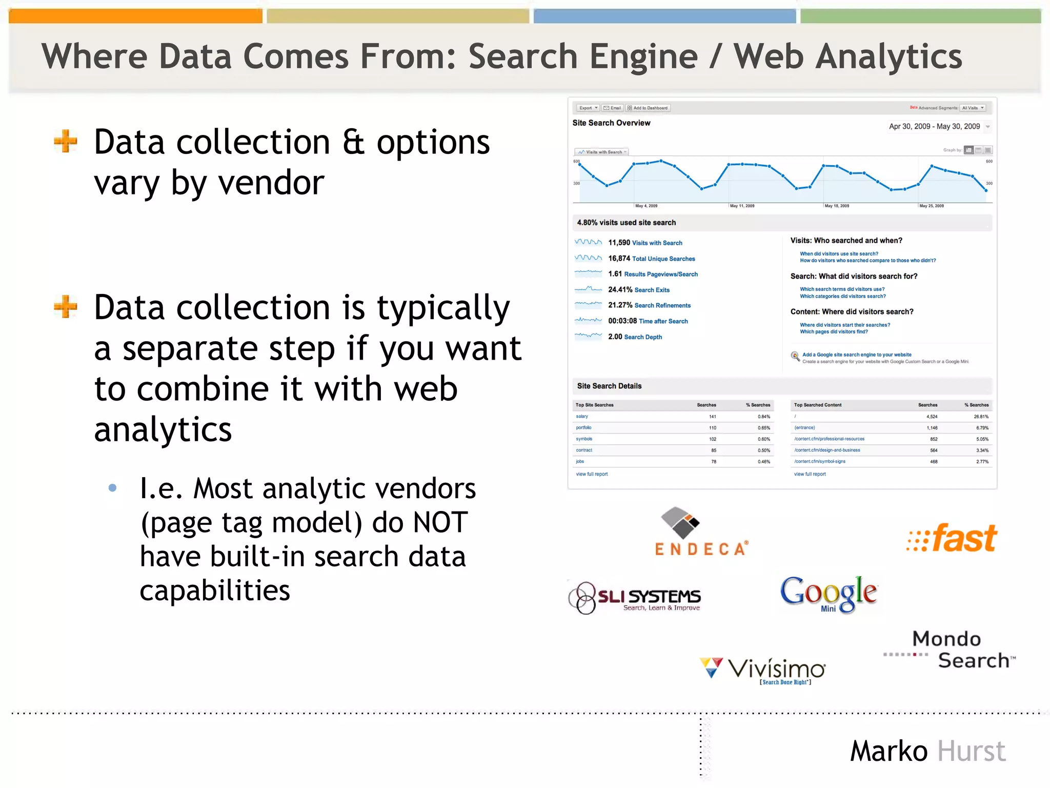 Where Data Comes From: Search Engine / Web Analytics  Data collection & options vary by vendor Data collection is typically a separate step if you want to combine it with web analytics I.e. Most analytic vendors (page tag model) do NOT have built-in search data capabilities 
