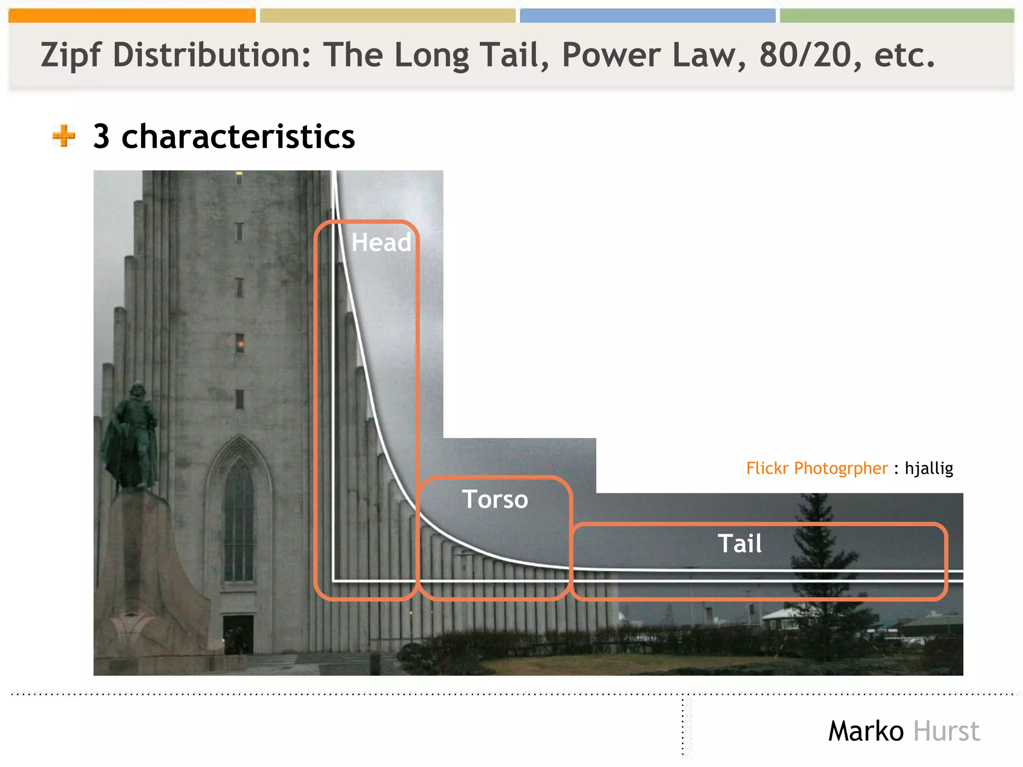 Zipf Distribution: The Long Tail, Power Law, 80/20, etc. 3 characteristics Head Torso Tail Flickr Photogrpher  : hjallig 