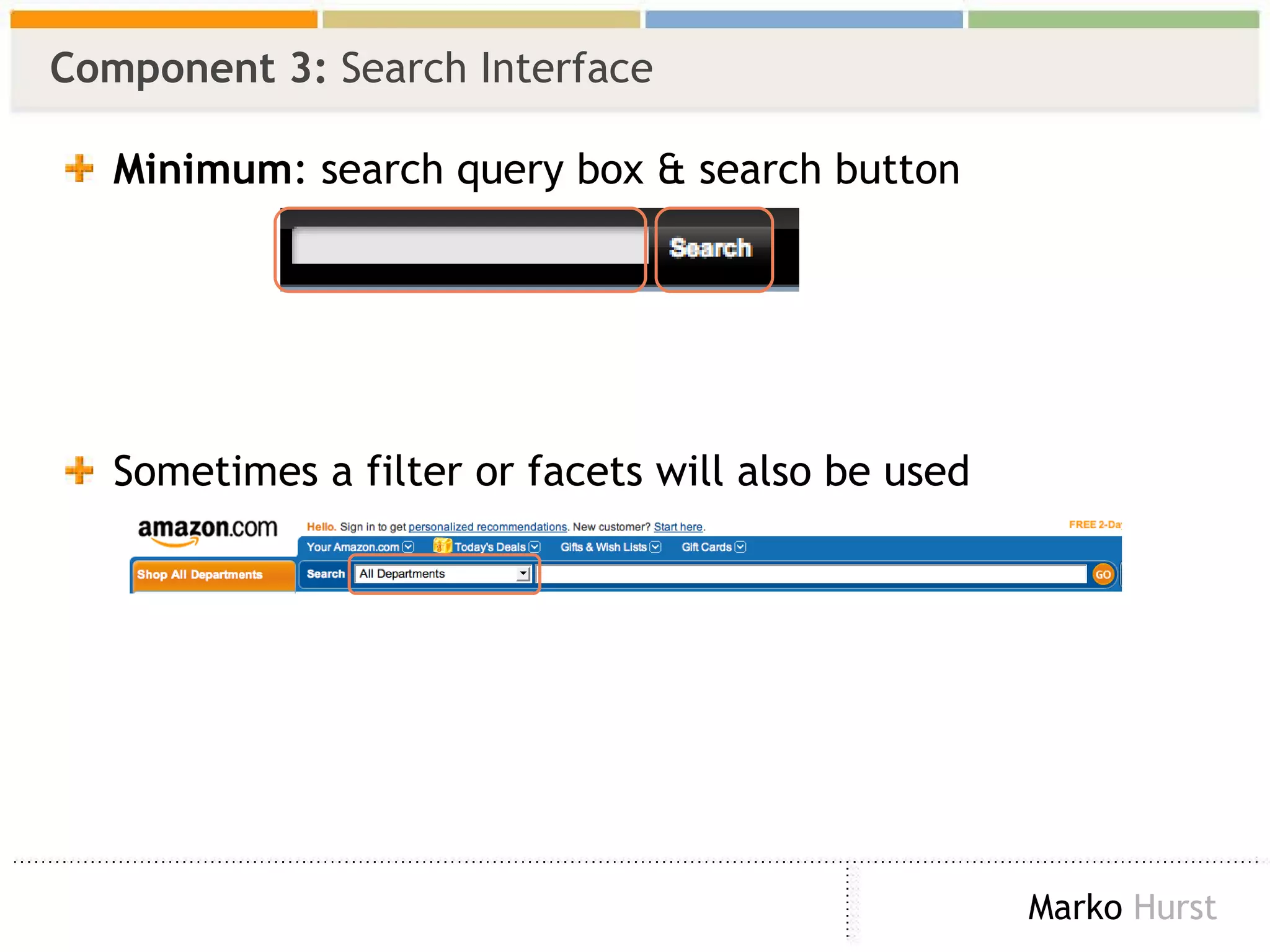 Component 3:  Search Interface Minimum : search query box & search button Sometimes a filter or facets will also be used 