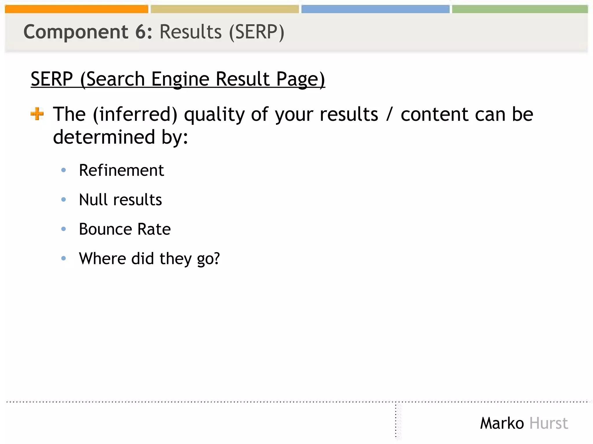 Component 6:  Results (SERP) SERP (Search Engine Result Page) The (inferred) quality of your results / content can be determined by: Refinement Null results Bounce Rate Where did they go? 
