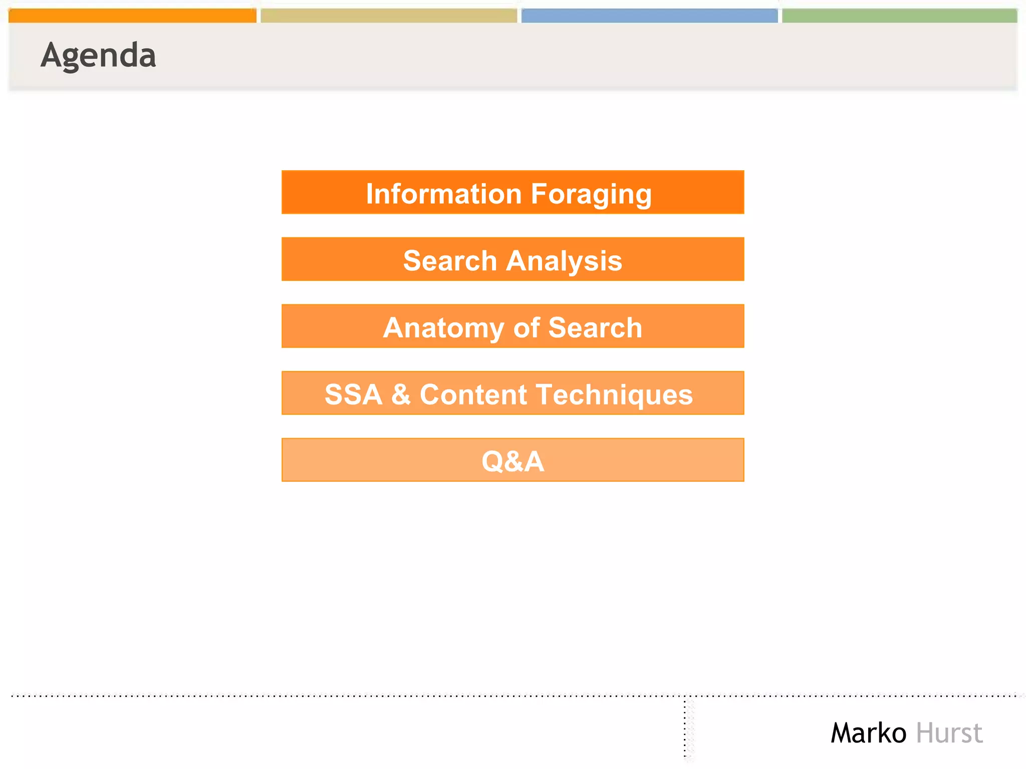 Agenda Information Foraging  Search Analysis Anatomy of Search SSA & Content Techniques  Q&A 
