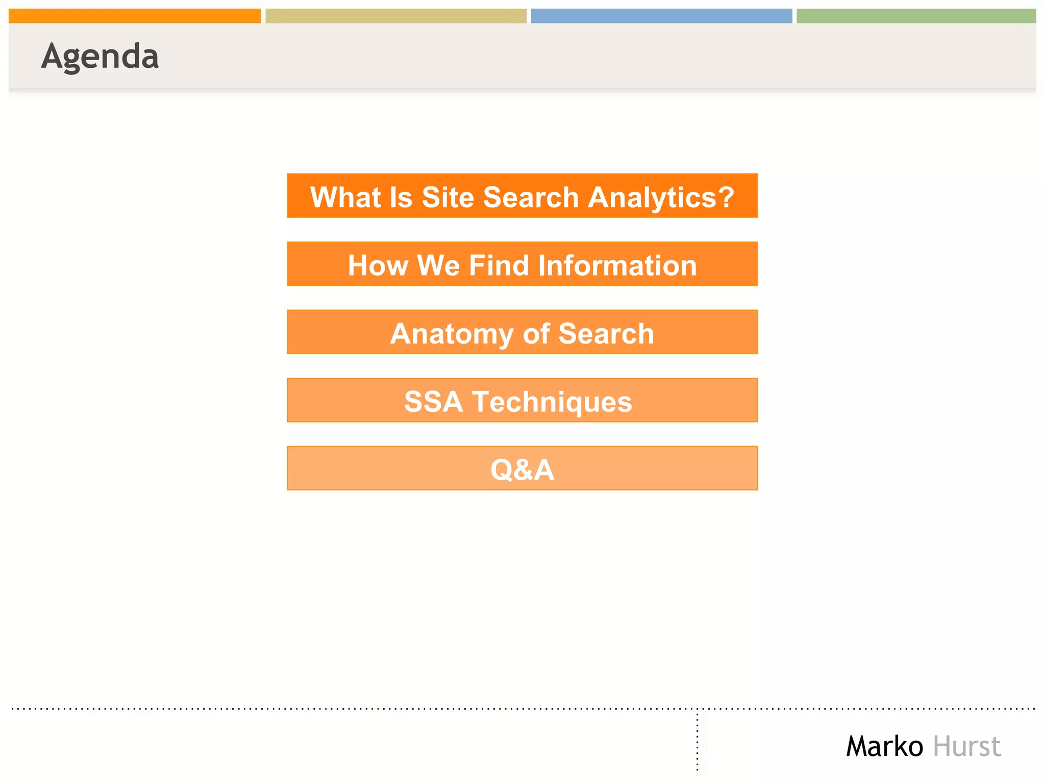 Agenda What Is Site Search Analytics? How We Find Information Anatomy of Search SSA Techniques  Q&A 