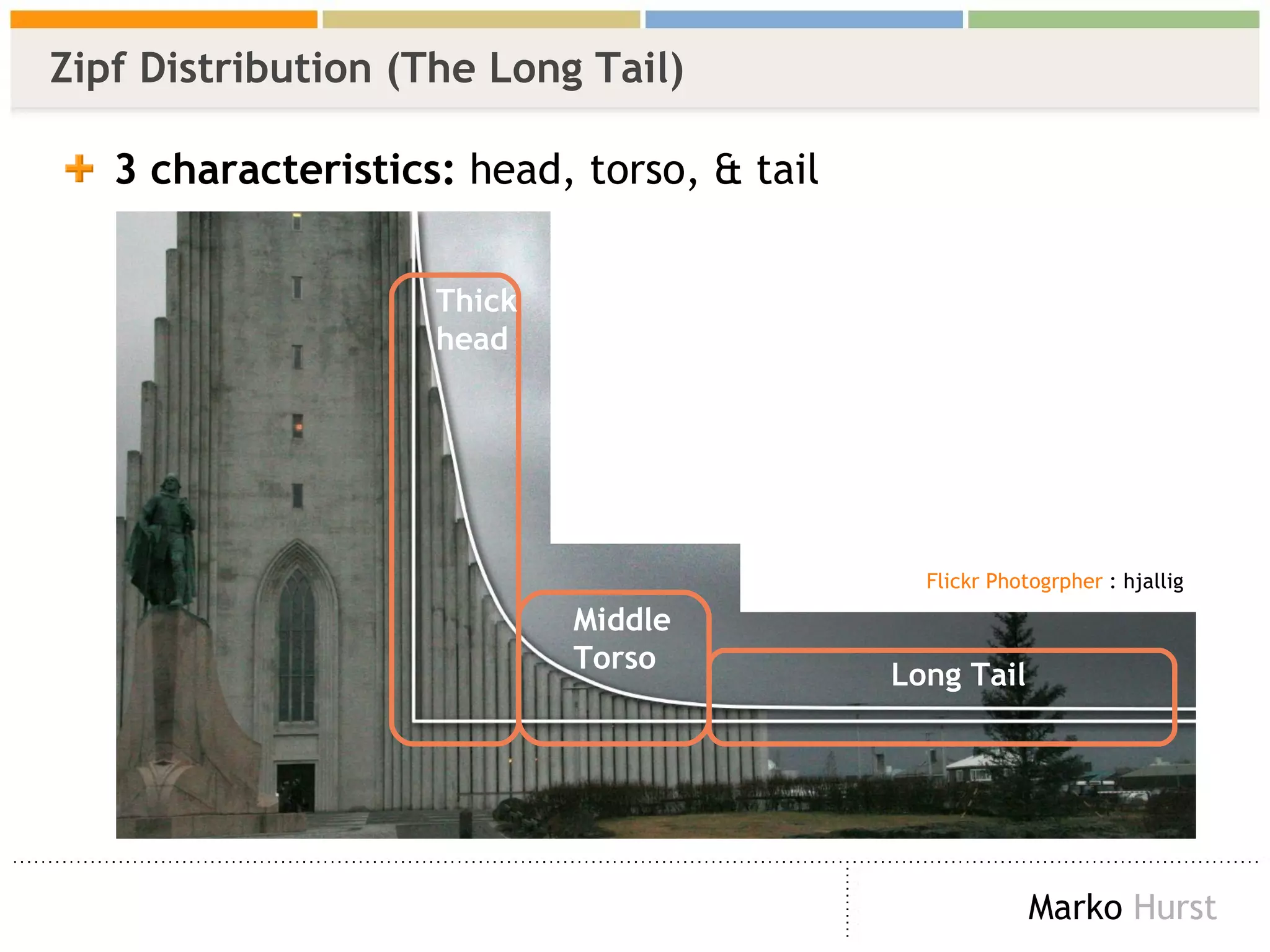 Zipf Distribution (The Long Tail) 3 characteristics:  head, torso, & tail Thick head Middle Torso Long Tail Flickr  Photogrpher  : hjallig 