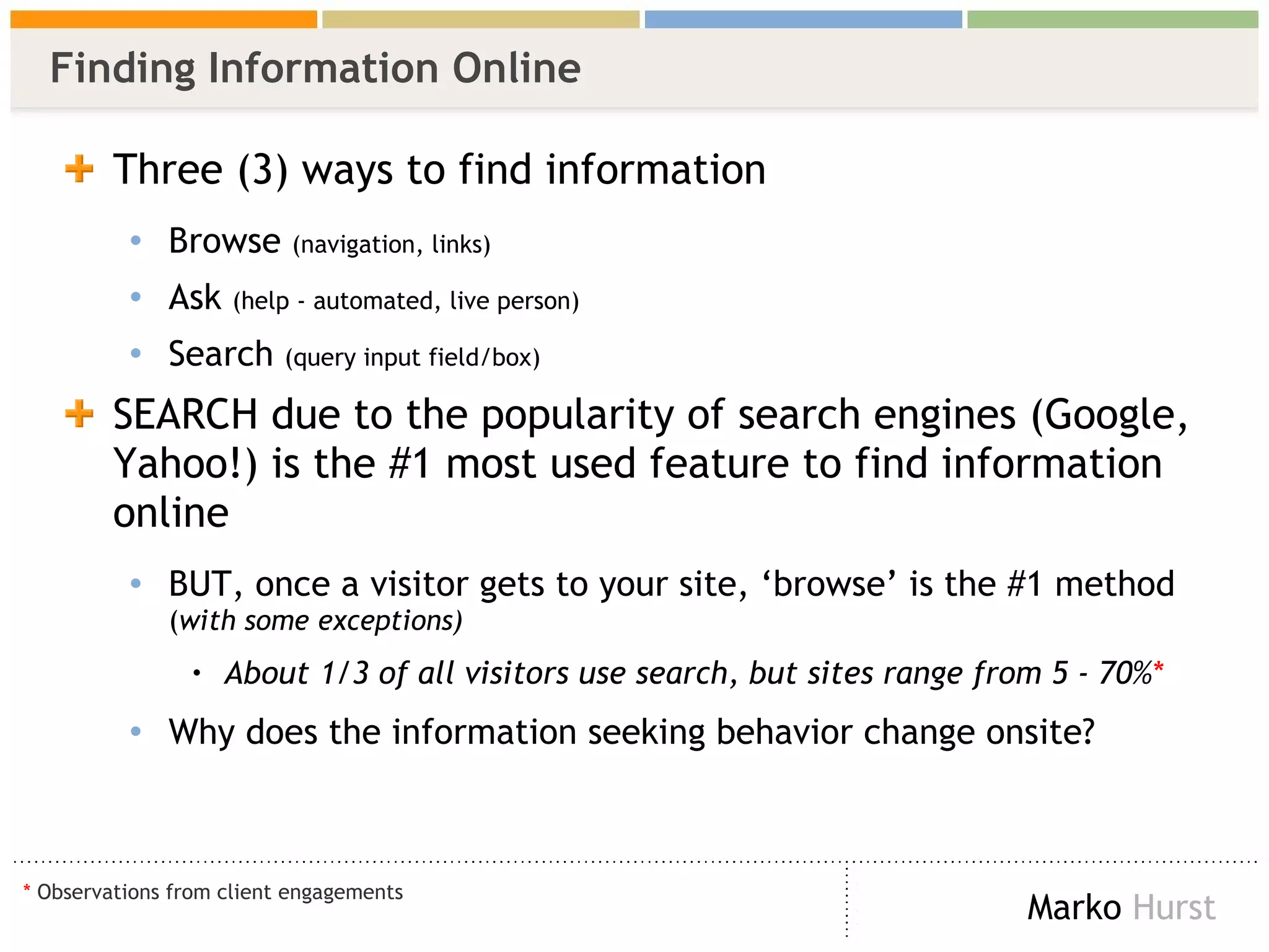 Finding Information Online Three (3) ways to find information Browse  (navigation, links) Ask  (help - automated, live person) Search  (query input field/box) SEARCH due to the popularity of search engines (Google, Yahoo!) is the #1 most used feature to find information online BUT, once a visitor gets to your site, ‘browse’ is the #1 method  ( with some exceptions) About 1/3 of all visitors use search, but sites range from 5 - 70% * Why does the information seeking behavior change onsite? *  Observations from client engagements  