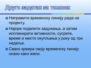  Направити временску линију рада на
пројекту.
 Најпре поделити задужења, а затим
испланирати активности, сусрете,
време и место окупљања у року од три
недеље.
 Свако креира своју временску линију
онако како жели.
Други задатак за тимове:
 