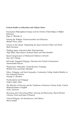 Critical Studiesin Education and Culture Series
Postmodern Philosophical Critique and the Pursuit of Knowledge in Higher
Education
Roger P.Mourad, J K
Naming the Multiple: Poststructuralism and Education
Michael Peters, editor
Literacy in the Library: Negotiating the Spaces Between Order and Desire
Mark Dvessman
Thinking Again: Education After Postmodernism
Nigel Blake, Paul Smeyers, Richard Smith, and Paul Standish
Racial Categorization of Multiracial Children i n Schools
Jane Ayers Chiong
bellhooks’EngagedPedagogy:Education for Critical Consciousness
Namulundah Florence
Wittgenstein: Philosophy, Postmodernism,Pedagogy
Michael Peters and JamesMarshall
Policy, Pedagogy, and Social Inequality: Community College Student Realities in
Post-IndustrialAmerica
Penelope E.Herideen
Psychoanalysis and Pedagogy
Stephen Appel, editor
The Rhetoric of Diversity and the Traditions of American Literary Study: Critical
Multiculturalism in English
Lesliee Antonette
Becoming and Unbecoming White: Owning and Disowning a Racial Identity
Christine Clark and James O’Donnell
Critical Pedagogy: An Introduction, 2nd Edition
Barry Kanpol
 