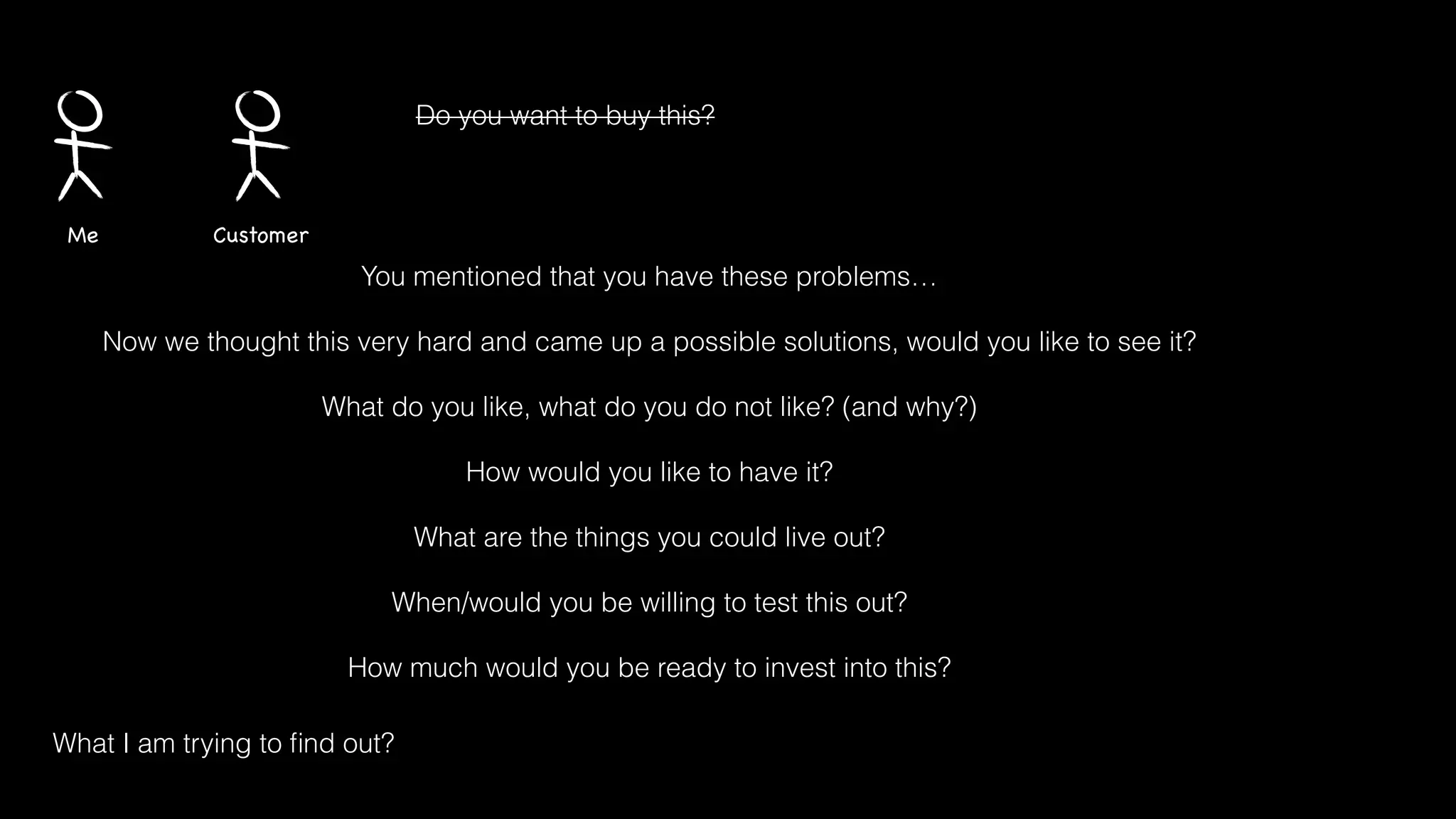 CustomerMe
Do you want to buy this?
You mentioned that you have these problems…
!
Now we thought this very hard and came up a possible solutions, would you like to see it?
!
What do you like, what do you do not like? (and why?)
!
How would you like to have it?
!
What are the things you could live out?
!
When/would you be willing to test this out?
!
How much would you be ready to invest into this?
What I am trying to ﬁnd out?
 