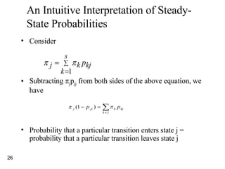 An Intuitive Interpretation of Steady-State Probabilities Consider Subtracting   j p jj  from both sides of the above equation, we have Probability that a particular transition enters state j = probability that a particular transition leaves state j 