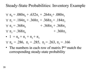 Steady-State Probabilities: Inventory Example  0  = .080  0  + .632  1  + .264  2 + .080  3  1  = .184  0  + .368  1  + .368  2  + .184  3  2  = .368  0   + .368  2  + .368  3  3  = .368  0   + .368  3 1  =   0  +   1  +   2  +   3  0  = .286,   1  = .285,   2  = .263,   3  = .166 The numbers in each row of matrix P (8)  match the corresponding steady-state probability 
