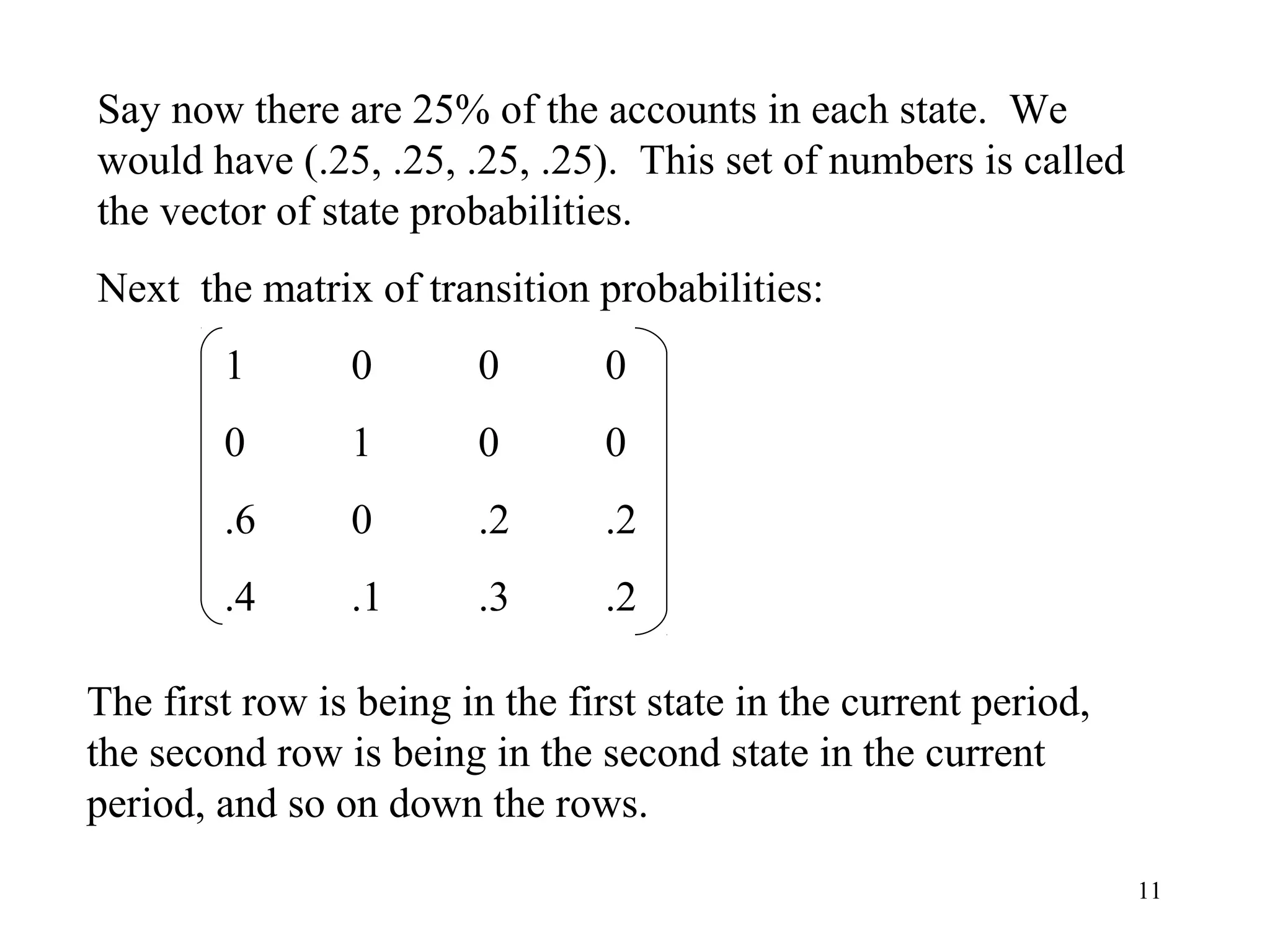 11
Say now there are 25% of the accounts in each state. We
would have (.25, .25, .25, .25). This set of numbers is called
the vector of state probabilities.
Next the matrix of transition probabilities:
1 0 0 0
0 1 0 0
.6 0 .2 .2
.4 .1 .3 .2
The first row is being in the first state in the current period,
the second row is being in the second state in the current
period, and so on down the rows.
 