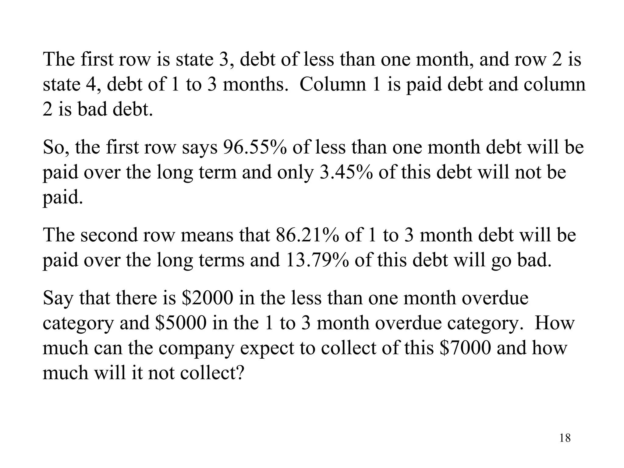 18
The first row is state 3, debt of less than one month, and row 2 is
state 4, debt of 1 to 3 months. Column 1 is paid debt and column
2 is bad debt.
So, the first row says 96.55% of less than one month debt will be
paid over the long term and only 3.45% of this debt will not be
paid.
The second row means that 86.21% of 1 to 3 month debt will be
paid over the long terms and 13.79% of this debt will go bad.
Say that there is $2000 in the less than one month overdue
category and $5000 in the 1 to 3 month overdue category. How
much can the company expect to collect of this $7000 and how
much will it not collect?
 
