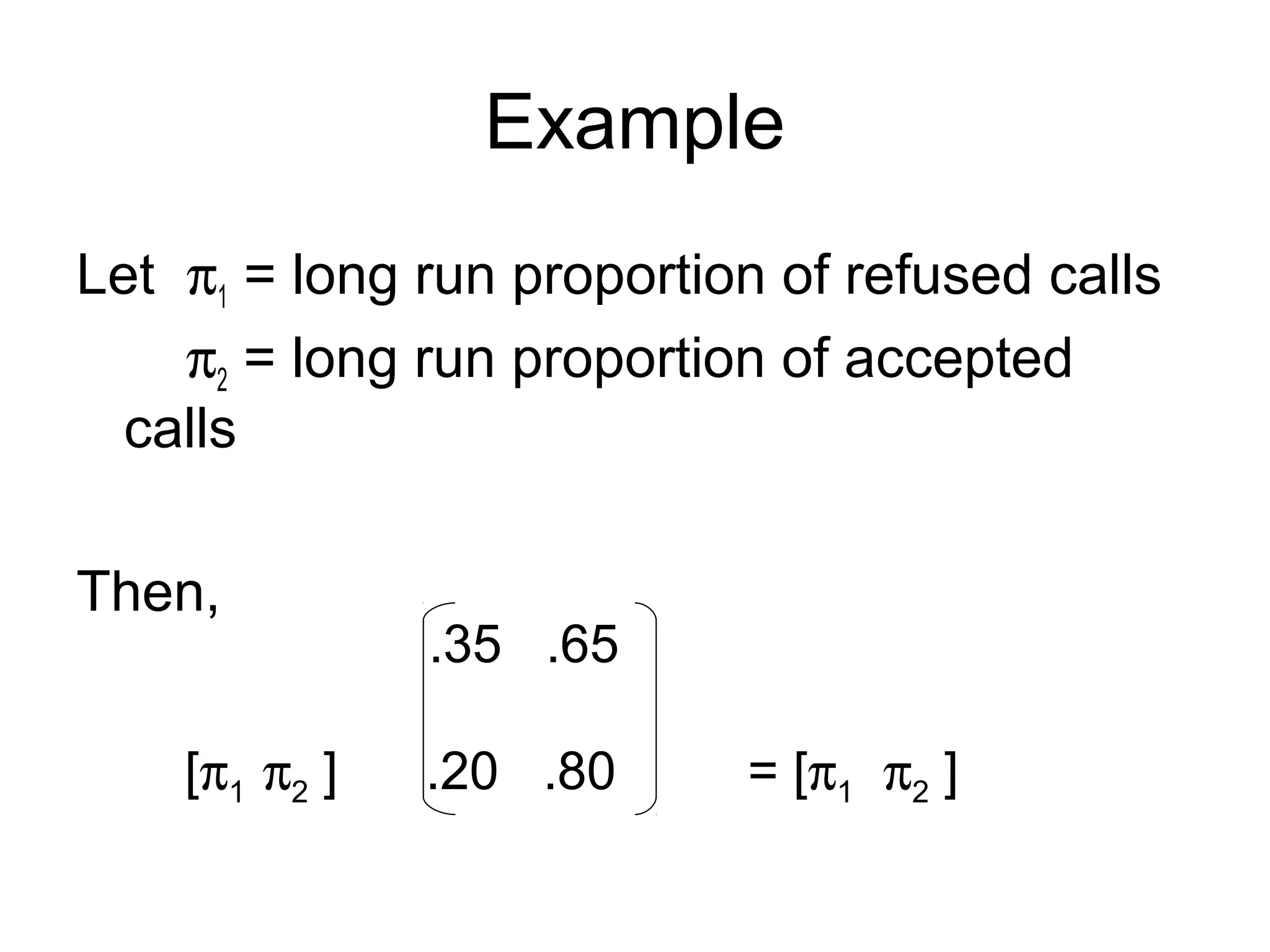 Example
Let π1 = long run proportion of refused calls
π2 = long run proportion of accepted
calls
Then,
.35 .65
[π1 π2 ] .20 .80 = [π1 π2 ]
 