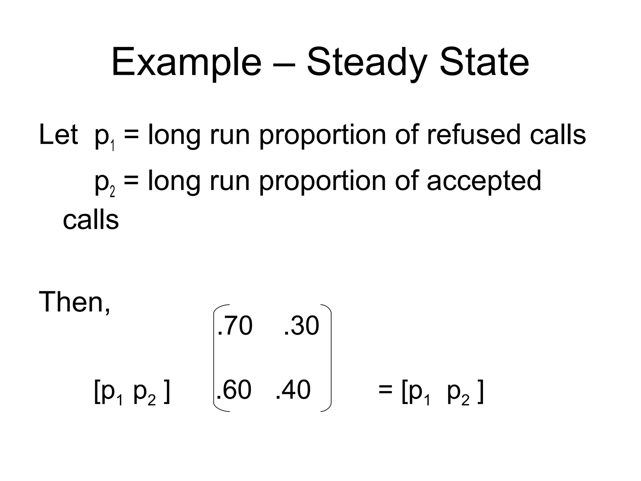 Example – Steady State
Let p1 = long run proportion of refused calls
p2 = long run proportion of accepted
calls
Then,
.70 .30
[p1 p2 ] .60 .40 = [p1 p2 ]
 
