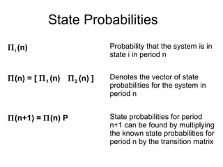 State Probabilities
Πi (n) Probability that the system is in
state i in period n
Π(n) = [ Π1 (n) Π2 (n) ] Denotes the vector of state
probabilities for the system in
period n
Π(n+1) = Π(n) P State probabilities for period
n+1 can be found by multiplying
the known state probabilities for
period n by the transition matrix
 