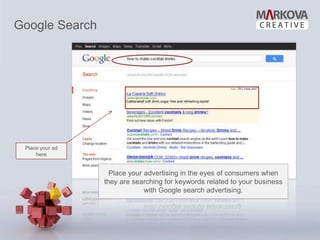 Google Search




 Place your ad
     here


                   Place your advertising in the eyes of consumers when
                 they are searching for keywords related to your business
                              with Google search advertising.
 