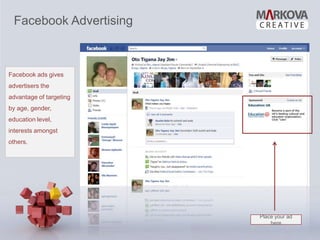 Facebook Advertising



Facebook ads gives
advertisers the
advantage of targeting
by age, gender,
education level,
interests amongst
others.




                         Place your ad
                             here
 