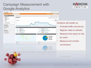 Campaign Measurement with
Google Analytics


                            Analytics will enable us:
                            •   Evaluate traffic sources by
                                Nigerian cities to website.
                            •   Measure time spent on site
                                by users.
                            •   Measure and monitor
                                conversions.




                                                 21
 