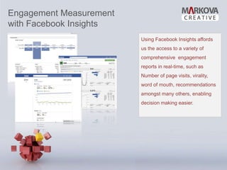 Engagement Measurement
with Facebook Insights
                         Using Facebook Insights affords
                         us the access to a variety of
                         comprehensive engagement
                         reports in real-time, such as
                         Number of page visits, virality,
                         word of mouth, recommendations
                         amongst many others, enabling
                         decision making easier.
 