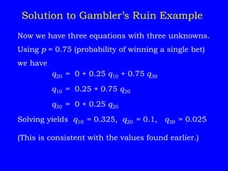 Now we have three equations with three unknowns.
Using p = 0.75 (probability of winning a single bet)
we have
q20 = 0 + 0.25 q10 + 0.75 q30
q10 = 0.25 + 0.75 q20
q30 = 0 + 0.25 q20
Solving yields q10 = 0.325, q20 = 0.1, q30 = 0.025
(This is consistent with the values found earlier.)
Solution to Gambler’s Ruin Example
 