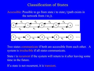 Classification of States
Accessible: Possible to go from state i to state j (path exists in
the network from i to j).
2 3 4 …
1
0
d4
d1
d2 d3
a0
a1 a2
a3
2 3 4 …
a a
1
a
0
a0 1 2 3
Two states communicate if both are accessible from each other. A
system is irreducible if all states communicate.
State i is recurrent if the system will return to it after leaving some
time in the future.
If a state is not recurrent, it is transient.
 