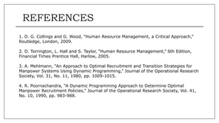 REFERENCES
1. D. G. Collings and G. Wood, “Human Resource Management, a Critical Approach,”
Routledge, London, 2009.
2. D. Torrington, L. Hall and S. Taylor, “Human Resource Management,” 6th Edition,
Financial Times Prentice Hall, Harlow, 2005.
3. A. Mehlmann, “An Approach to Optimal Recruitment and Transition Strategies for
Manpower Systems Using Dynamic Programming,” Journal of the Operational Research
Society, Vol. 31, No. 11, 1980, pp. 1009-1015.
4. R. Poornachandra, “A Dynamic Programming Approach to Determine Optimal
Manpower Recruitment Policies,” Journal of the Operational Research Society, Vol. 41,
No. 10, 1990, pp. 983-988.
 