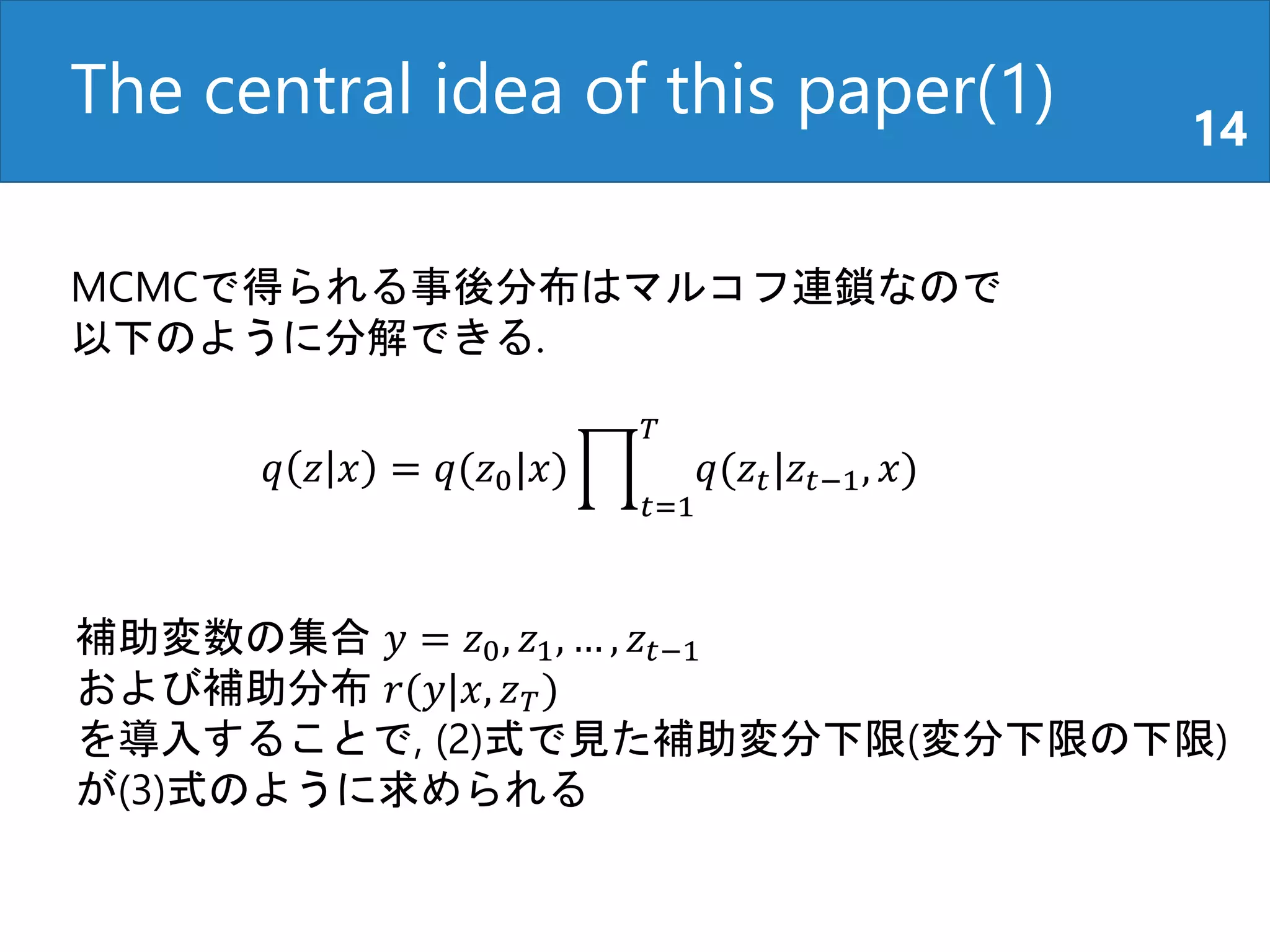 The central idea of this paper(1) 14
MCMCで得られる事後分布はマルコフ連鎖なので
以下のように分解できる.
𝑞 𝑧 𝑥 = 𝑞(𝑧0|𝑥)
𝑡=1
𝑇
𝑞(𝑧𝑡|𝑧𝑡−1, 𝑥)
補助変数の集合 𝑦 = 𝑧0, 𝑧1, … , 𝑧𝑡−1
および補助分布 𝑟(𝑦|𝑥, 𝑧 𝑇)
を導入することで, (2)式で見た補助変分下限(変分下限の下限)
が(3)式のように求められる
 