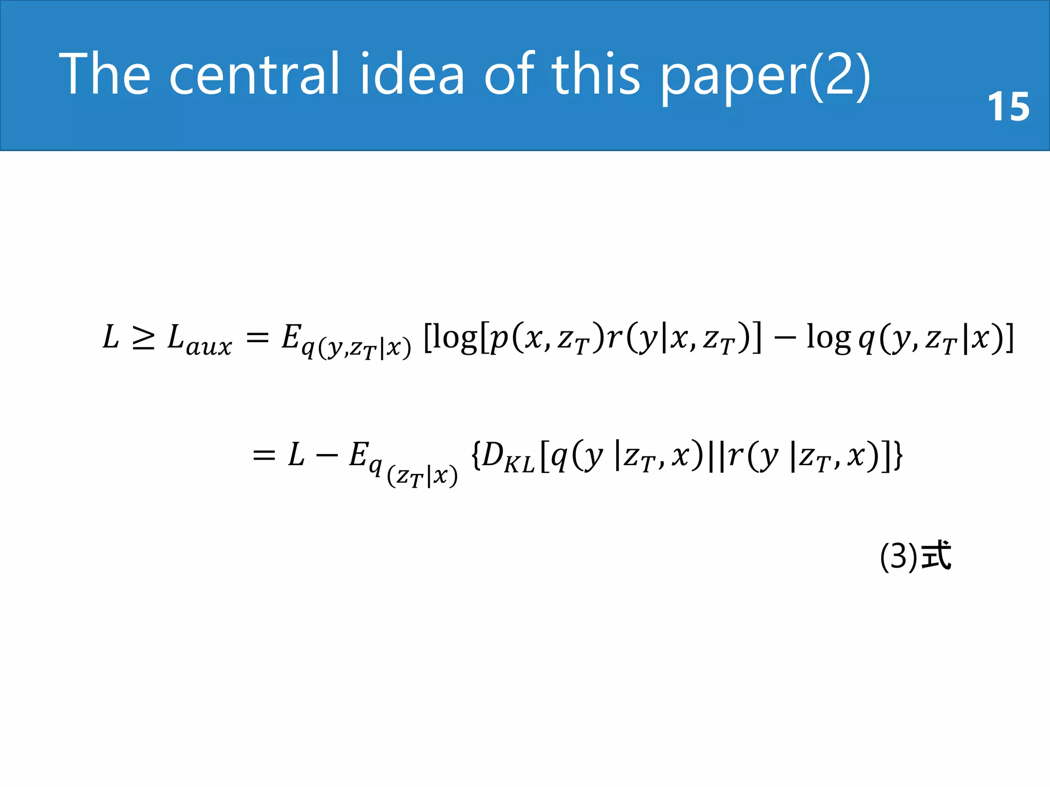 The central idea of this paper(2) 15
𝐿 ≥ 𝐿 𝑎𝑢𝑥 = 𝐸 𝑞(𝑦,𝑧 𝑇|𝑥) [log 𝑝 𝑥, 𝑧 𝑇 𝑟 𝑦 𝑥, 𝑧 𝑇 − log 𝑞(𝑦, 𝑧 𝑇|𝑥)]
= 𝐿 − 𝐸 𝑞(𝑧 𝑇|𝑥)
{𝐷 𝐾𝐿[𝑞 𝑦 𝑧 𝑇, 𝑥 ||𝑟(𝑦 |𝑧 𝑇, 𝑥)]}
(3)式
 