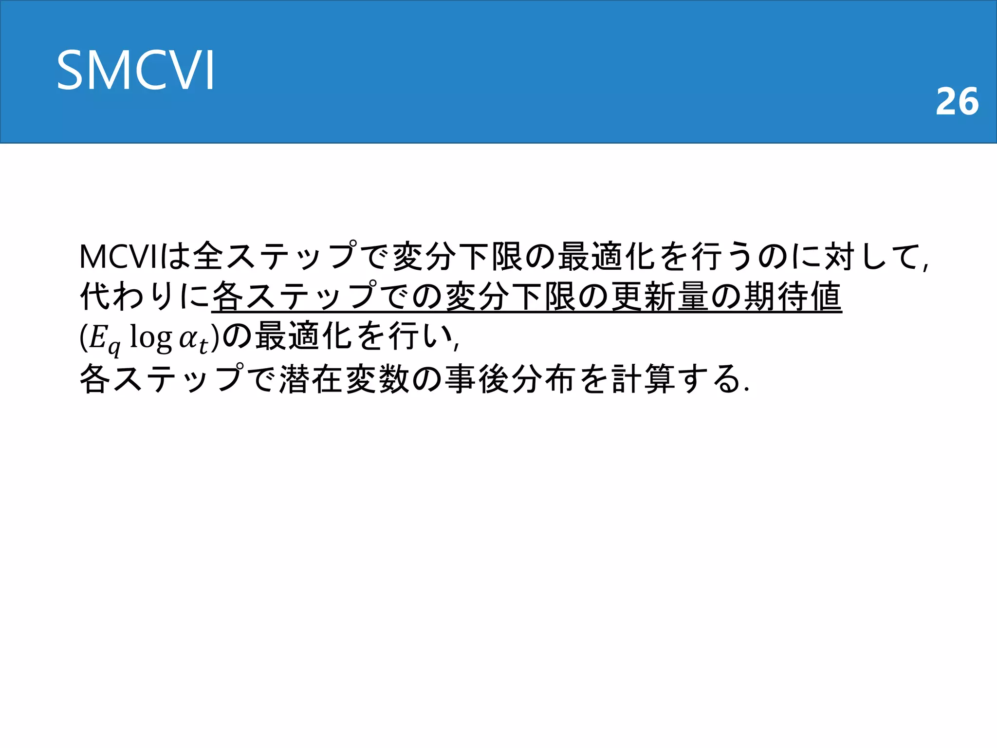 SMCVI 26
MCVIは全ステップで変分下限の最適化を行うのに対して,
代わりに各ステップでの変分下限の更新量の期待値
(𝐸 𝑞 log 𝛼 𝑡)の最適化を行い,
各ステップで潜在変数の事後分布を計算する.
 