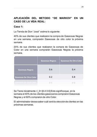 | 9
APLICACIÓN DEL METODO “DE MARKOV” EN UN
CASO DE LA VIDA REAL:
Caso 1:
La Tienda de Don “José” estima lo siguiente:
40% de sus clientes que realizaron la compra de Gaseosas Negras
en una semana, comprarán Gaseosas de otro color la próxima
semana.
20% de sus clientes que realizaron la compra de Gaseosas de
Color en una semana comprarán Gaseosas Negras la próxima
semana.
Se Tiene inicialmente 𝑆_0= [0.4 0.6] Esto significaque, en la
semana el 40% de los clientes gaseoseroscompraronGaseosas
Negras y el 60% compraron de otro Color.
El administrador deseasaber cuál será la elecciónde clientes en las
próximas semanas.
 