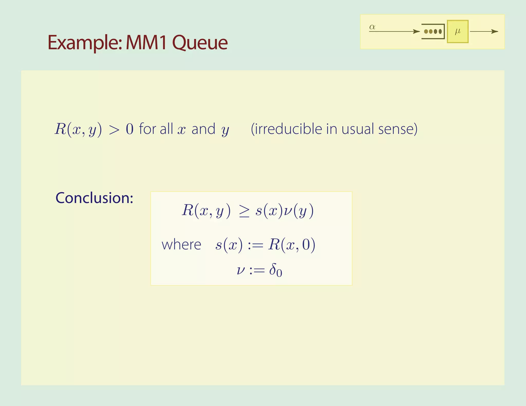 α           µ
Example: MM1 Queue


R(x, y) > 0 for all x and y     (irreducible in usual sense)



Conclusion:
                   R(x, y ) ≥ s(x)ν(y )

                where s(x) := R(x, 0)
                              ν := δ0
 