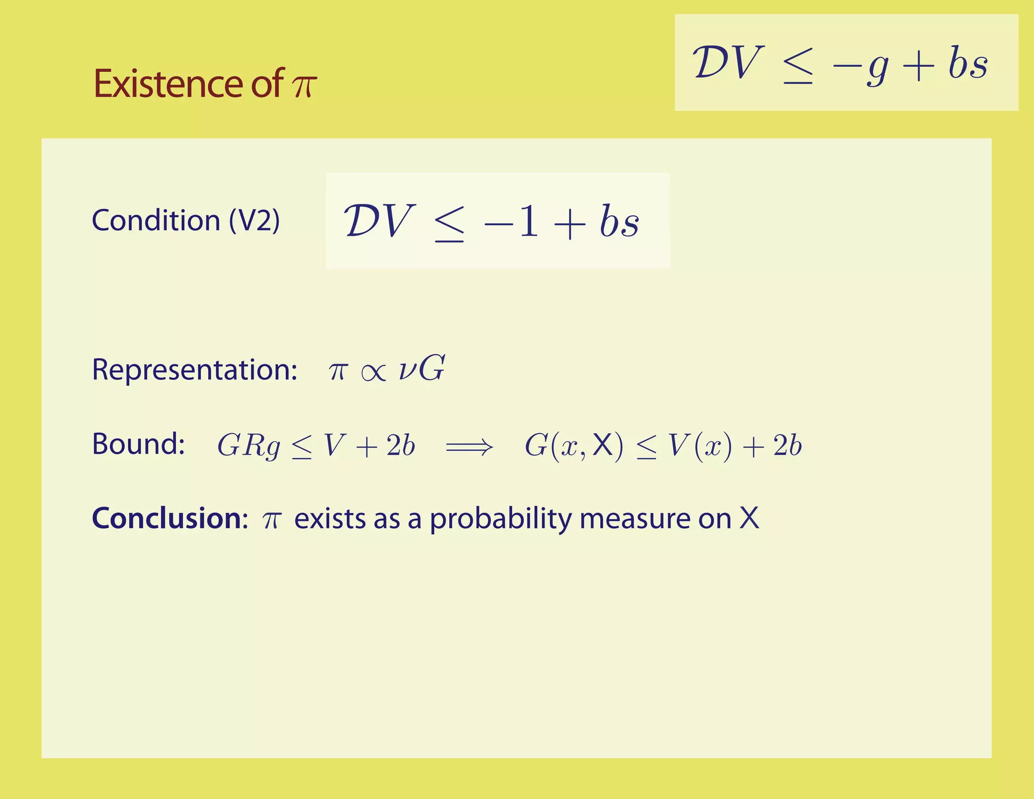 Existence of π                              DV ≤ −g + bs


Condition (V2)    DV ≤ −1 + bs


Representation: π ∝ νG

Bound:   GRg ≤ V + 2b =⇒ G(x, X) ≤ V (x) + 2b

Conclusion: π exists as a probability measure on X
 
