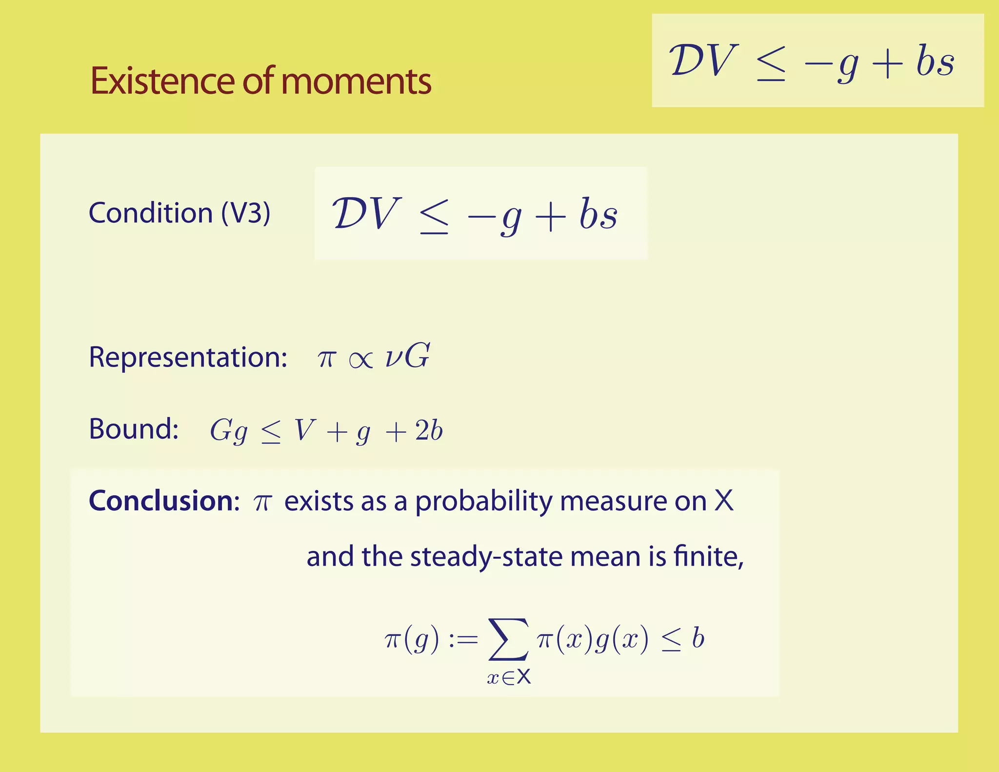 Existence of moments                            DV ≤ −g + bs


Condition (V3)    DV ≤ −g + bs


Representation: π ∝ νG

Bound:   Gg ≤ V + g + 2b

Conclusion: π exists as a probability measure on X
                 and the steady-state mean is nite,

                       π(g) :=         π(x)g(x) ≤ b
                                 x∈X
 