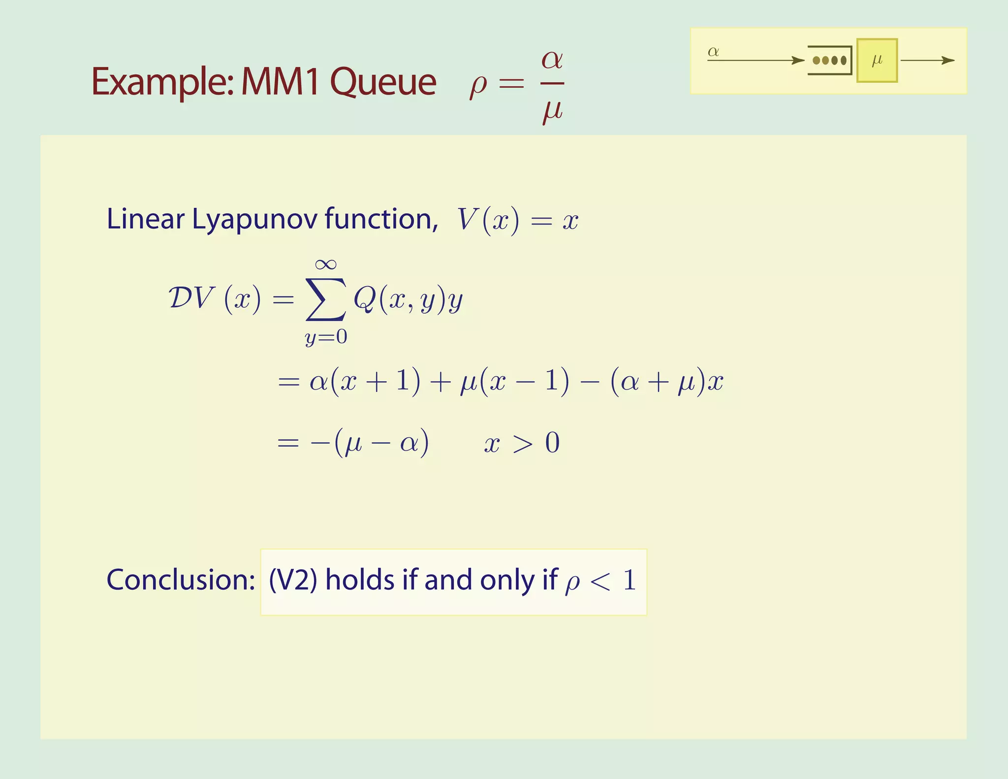 α                      α   µ
Example: MM1 Queue ρ =
                       µ


Linear Lyapunov function, V (x) = x
                ∞
     DV (x) =         Q(x, y)y
                y=0

             = α(x + 1) + µ(x − 1) − (α + µ)x

             = −(µ − α)          x>0



Conclusion: (V2) holds if and only if ρ < 1
 