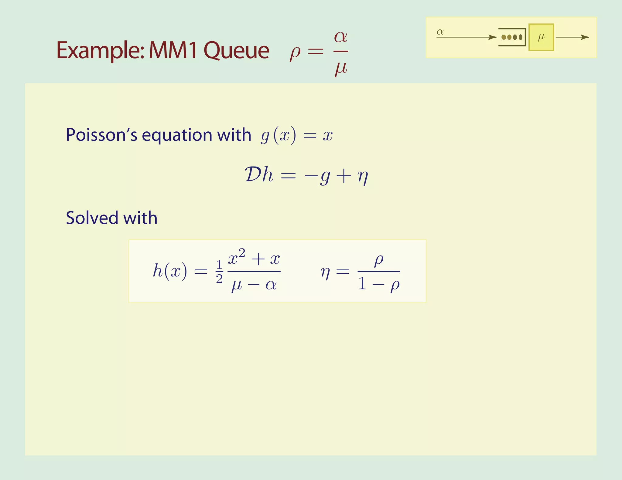 α                α   µ
Example: MM1 Queue ρ =
                       µ


Poisson’s equation with g (x) = x

                      Dh = −g + η
Solved with

                   x2 + x          ρ
          h(x) = 1
                 2 µ−α         η=
                                  1−ρ
 