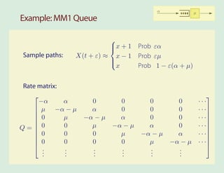 α             µ
Example: MM1 Queue

                          
                          x + 1 Prob εα
                          
Sample paths:   X(t + ε) ≈ x − 1 Prob εµ
                          
                          
                            x    Prob 1 − ε(α + µ)


Rate matrix:
                                                           
     −α      α   0      0      0      0                  ···
    µ −α − µ
                α      0      0      0                  · · ·
                                                              
    0
            µ −α − µ   α      0      0                  · · ·
                                                              
   
Q= 0        0   µ    −α − µ   α      0                  · · ·
                                                              
    0
            0   0      µ    −α − µ   α                  · · ·
                                                              
    0
            0   0      0      µ    −α − µ               · · ·
                                                              
      .
      .      .
             .   .
                 .      .
                        .      .
                               .      .
                                      .
      .      .   .      .      .      .
 