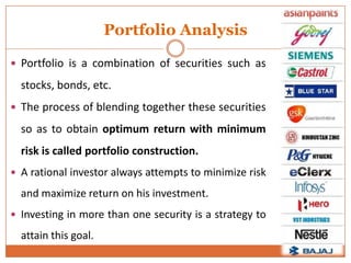 Portfolio Analysis
 Portfolio is a combination of securities such as
stocks, bonds, etc.
 The process of blending together these securities
so as to obtain optimum return with minimum
risk is called portfolio construction.
 A rational investor always attempts to minimize risk
and maximize return on his investment.
 Investing in more than one security is a strategy to
attain this goal.
 