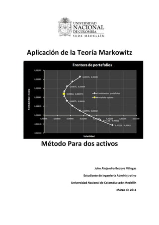 Aplicación de la Teoría Markowitz




    Método Para dos activos


                             John Alejandro Bedoya Villegas

                     Estudiante de Ingeniería Administrativa

             Universidad Nacional de Colombia sede Medellín

                                             Marzo de 2011
 