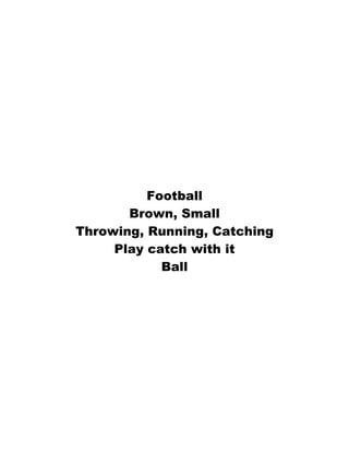 Football
       Brown, Small
Throwing, Running, Catching
     Play catch with it
            Ball
 