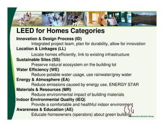 LEED for Homes Categories
Innovation & Design Process (ID)
       Integrated project team, plan for durability, allow for innovation
Location & Linkages (LL)
       Locate homes efficiently, link to existing infrastructure
Sustainable Sites (SS)
       Preserve natural ecosystem on the building lot
Water Efficiency (WE)
       Reduce potable water usage, use rainwater/grey water
Energy & Atmosphere (EA)
       Reduce emissions caused by energy use, ENERGY STAR
Materials & Resources (MR)
       Reduce environmental impact of building materials
Indoor Environmental Quality (IEQ)
       Provide a comfortable and healthful indoor environment
Awareness & Education (AE)
       Educate homeowners (operators) about green building
 